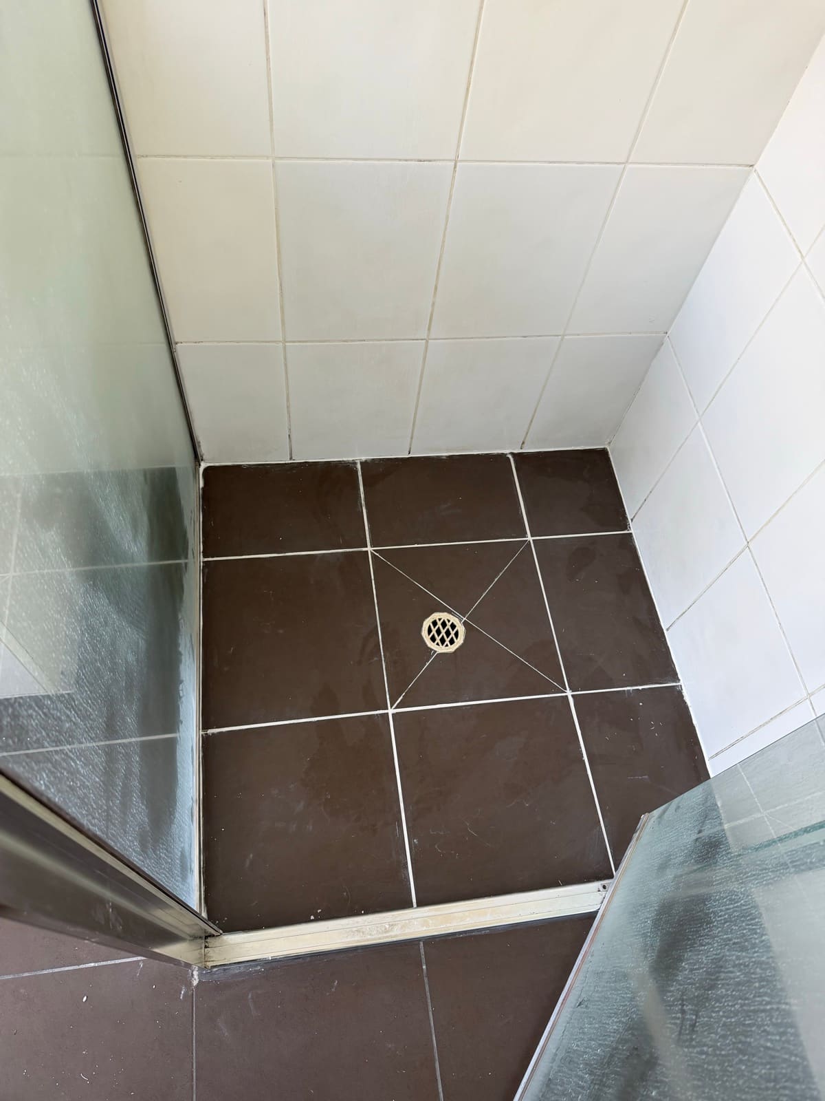 Shower floor tiling with dark brown tiles, white grout, and a central drain in an Adelaide bathroom