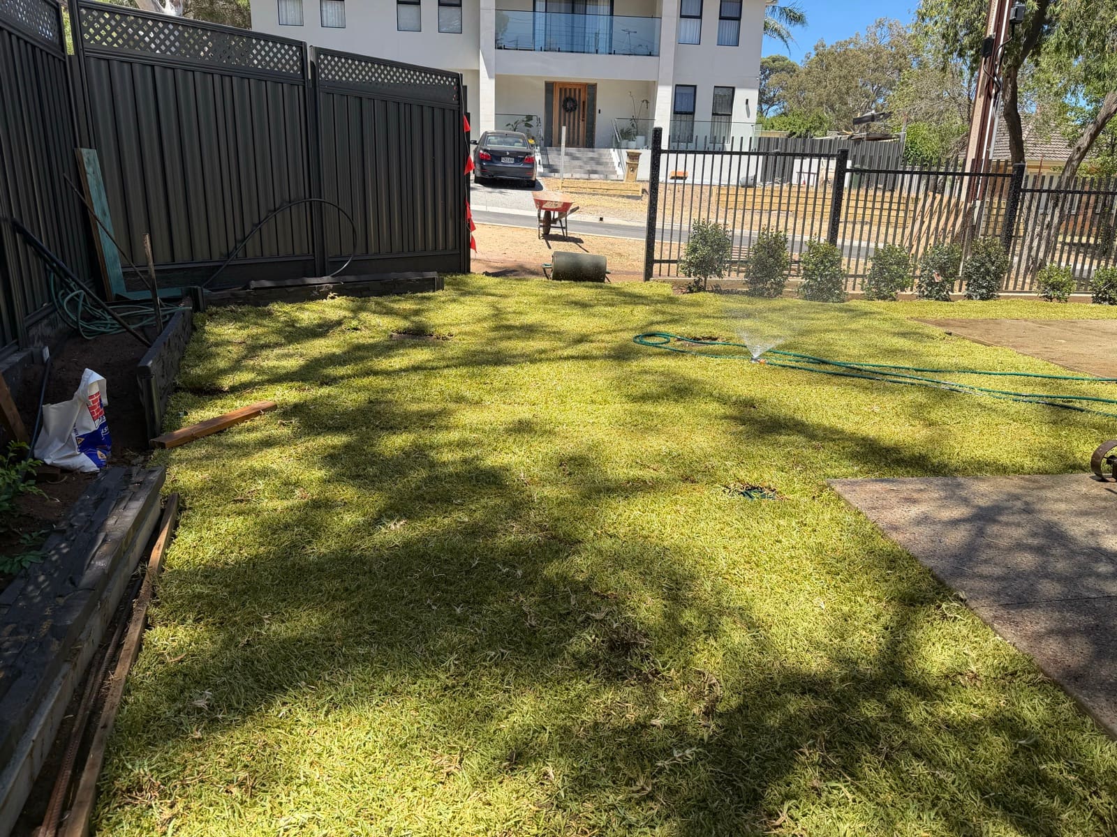 Newly installed turf lawn being watered with a sprinkler beside a charcoal metal boundary fence in Adelaide